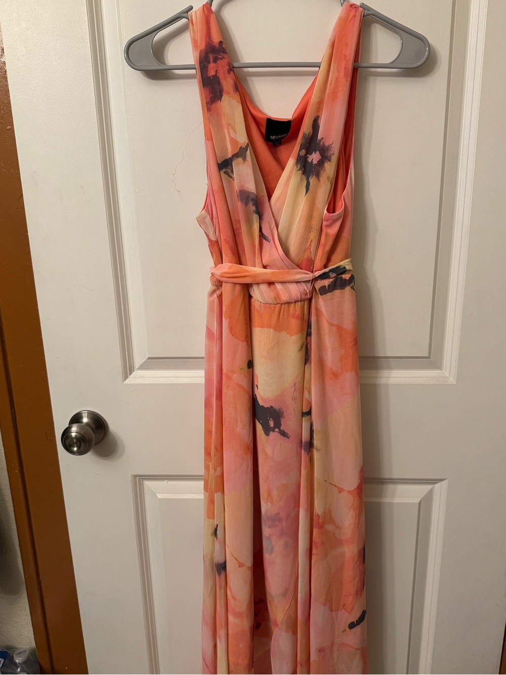 Coral Pink Watercolor Maxi Dress with Tie Waist